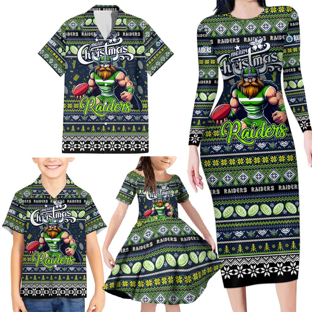 Personalized Raiders Rugby Xmas Family Matching Long Sleeve Bodycon Dress and Hawaiian Shirt Australia NRL Mascot