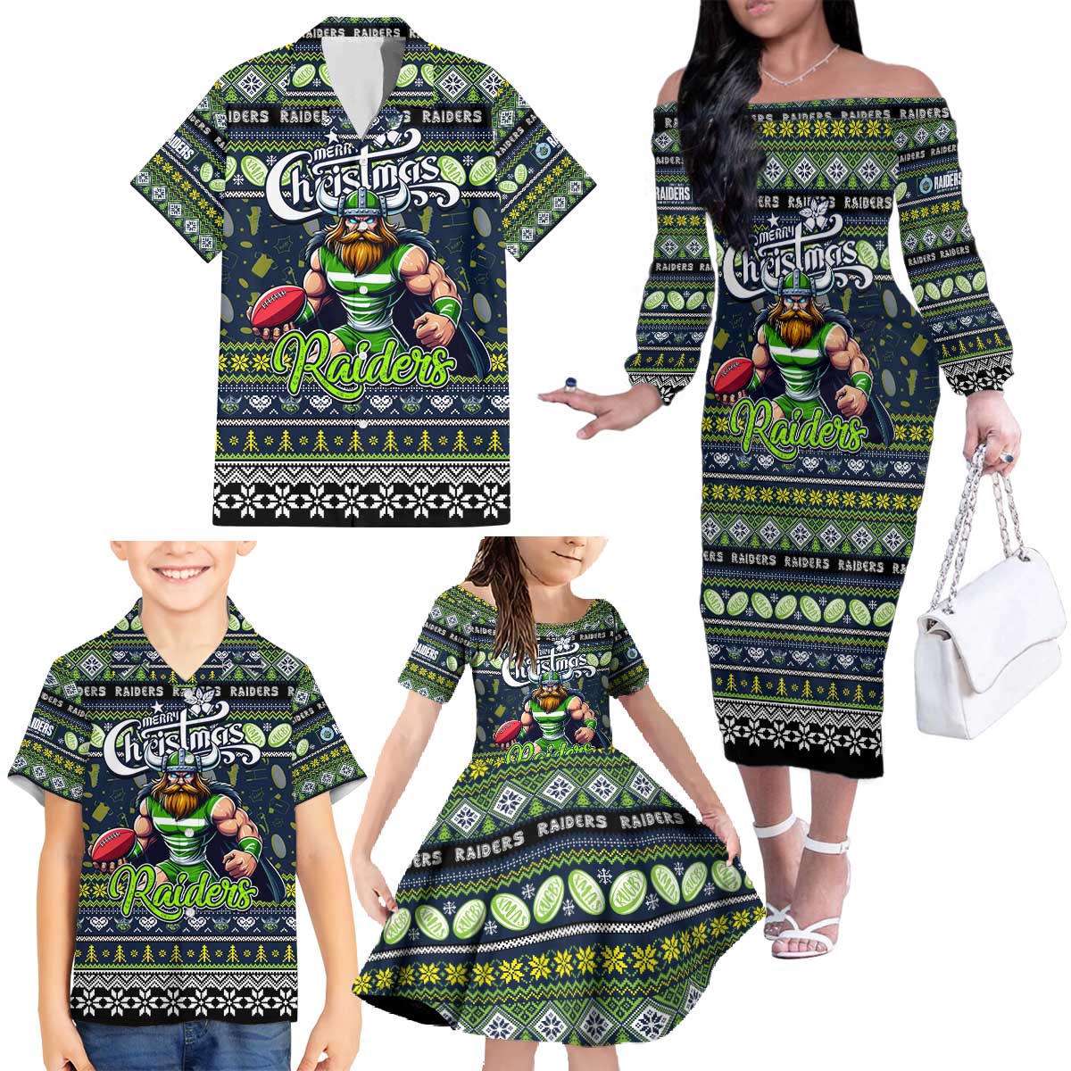 Personalized Raiders Rugby Xmas Family Matching Off The Shoulder Long Sleeve Dress and Hawaiian Shirt Australia NRL Mascot