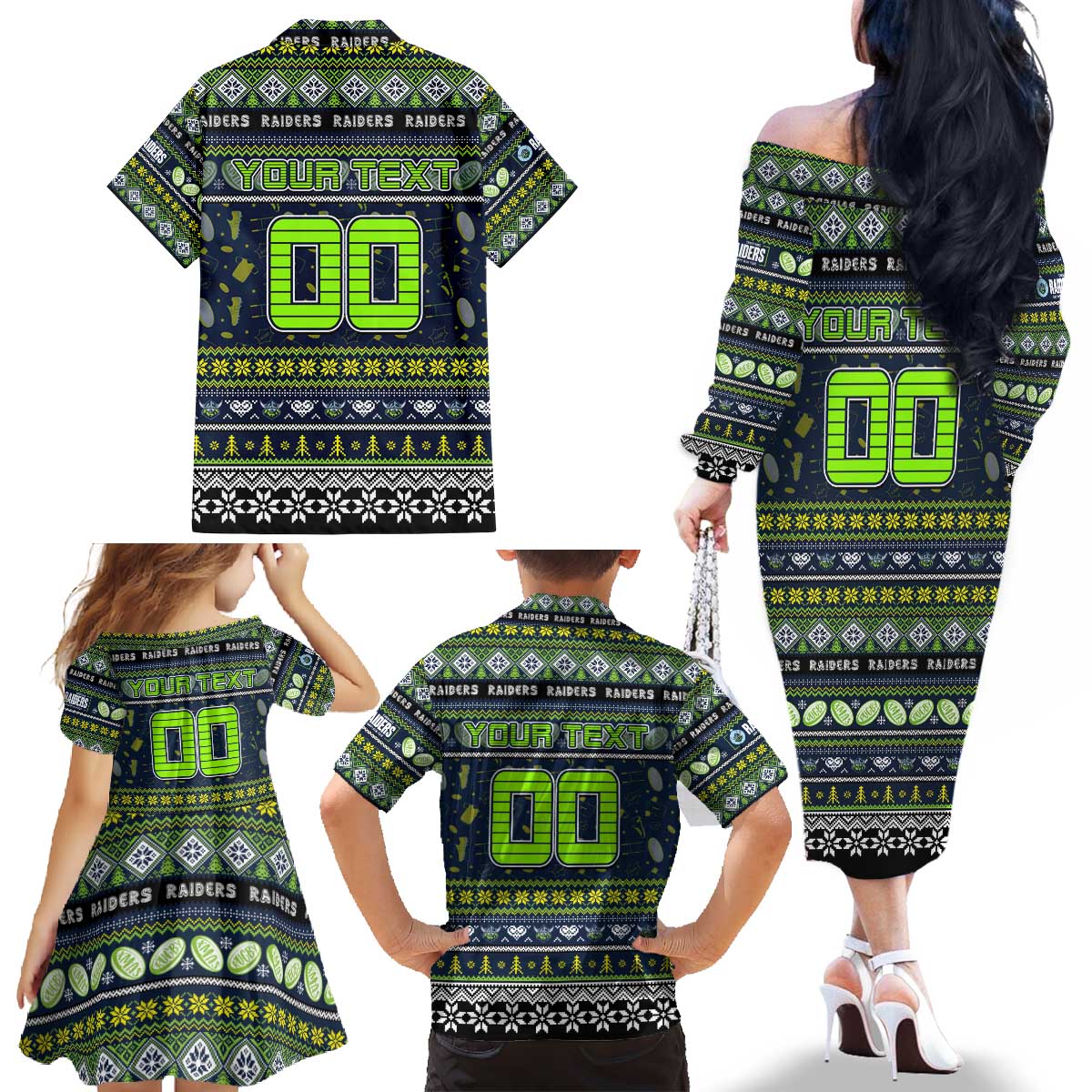 Personalized Raiders Rugby Xmas Family Matching Off The Shoulder Long Sleeve Dress and Hawaiian Shirt Australia NRL Mascot