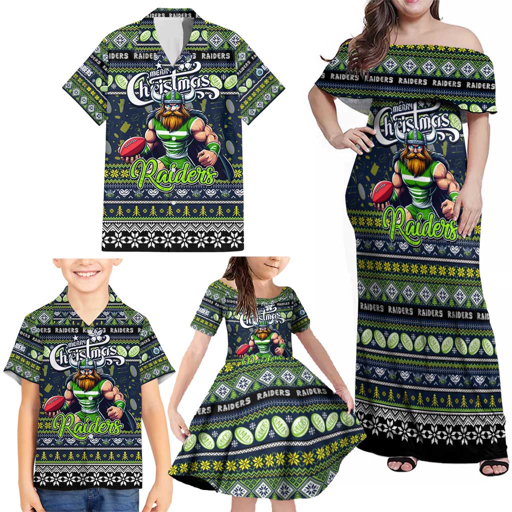 Personalized Raiders Rugby Xmas Family Matching Off Shoulder Maxi Dress and Hawaiian Shirt Australia NRL Mascot