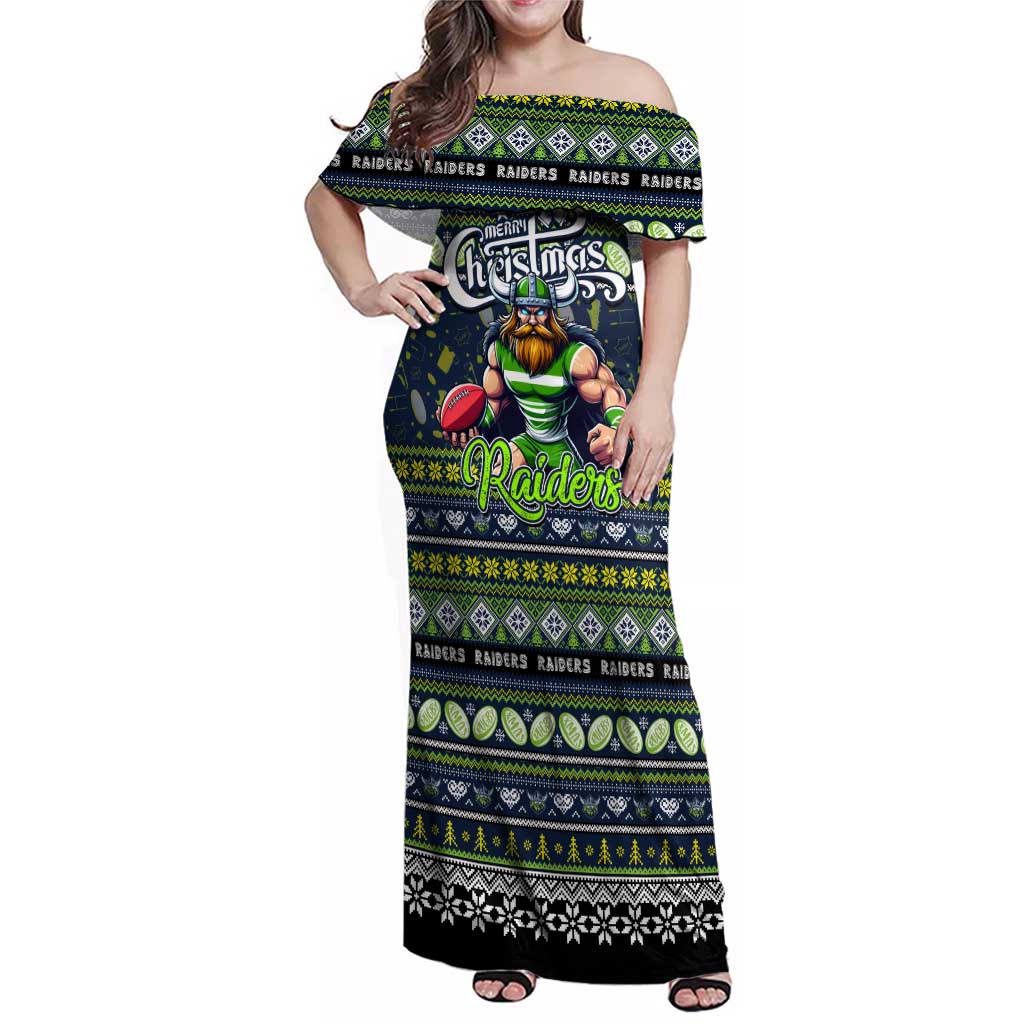 Personalized Raiders Rugby Xmas Family Matching Off Shoulder Maxi Dress and Hawaiian Shirt Australia NRL Mascot