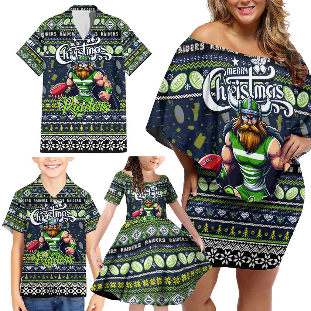 Personalized Raiders Rugby Xmas Family Matching Off Shoulder Short Dress and Hawaiian Shirt Australia NRL Mascot
