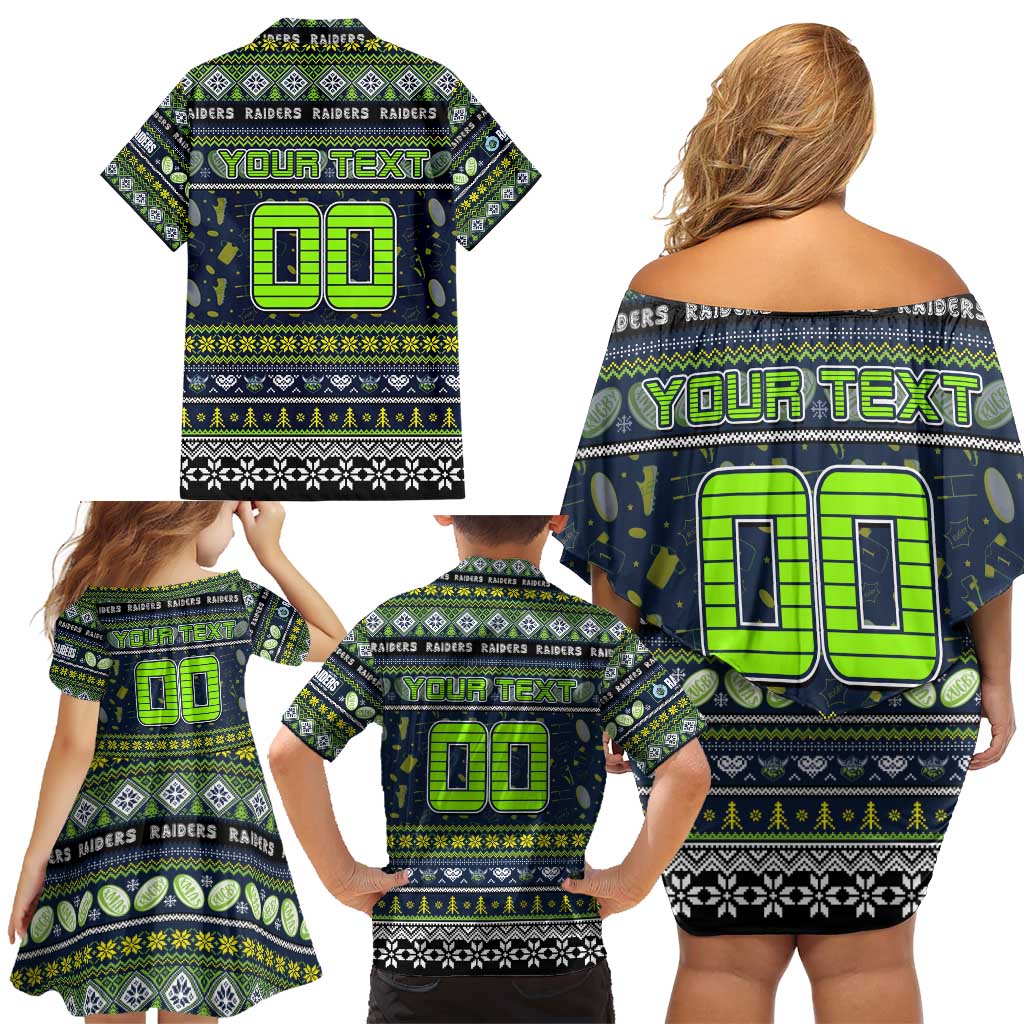 Personalized Raiders Rugby Xmas Family Matching Off Shoulder Short Dress and Hawaiian Shirt Australia NRL Mascot