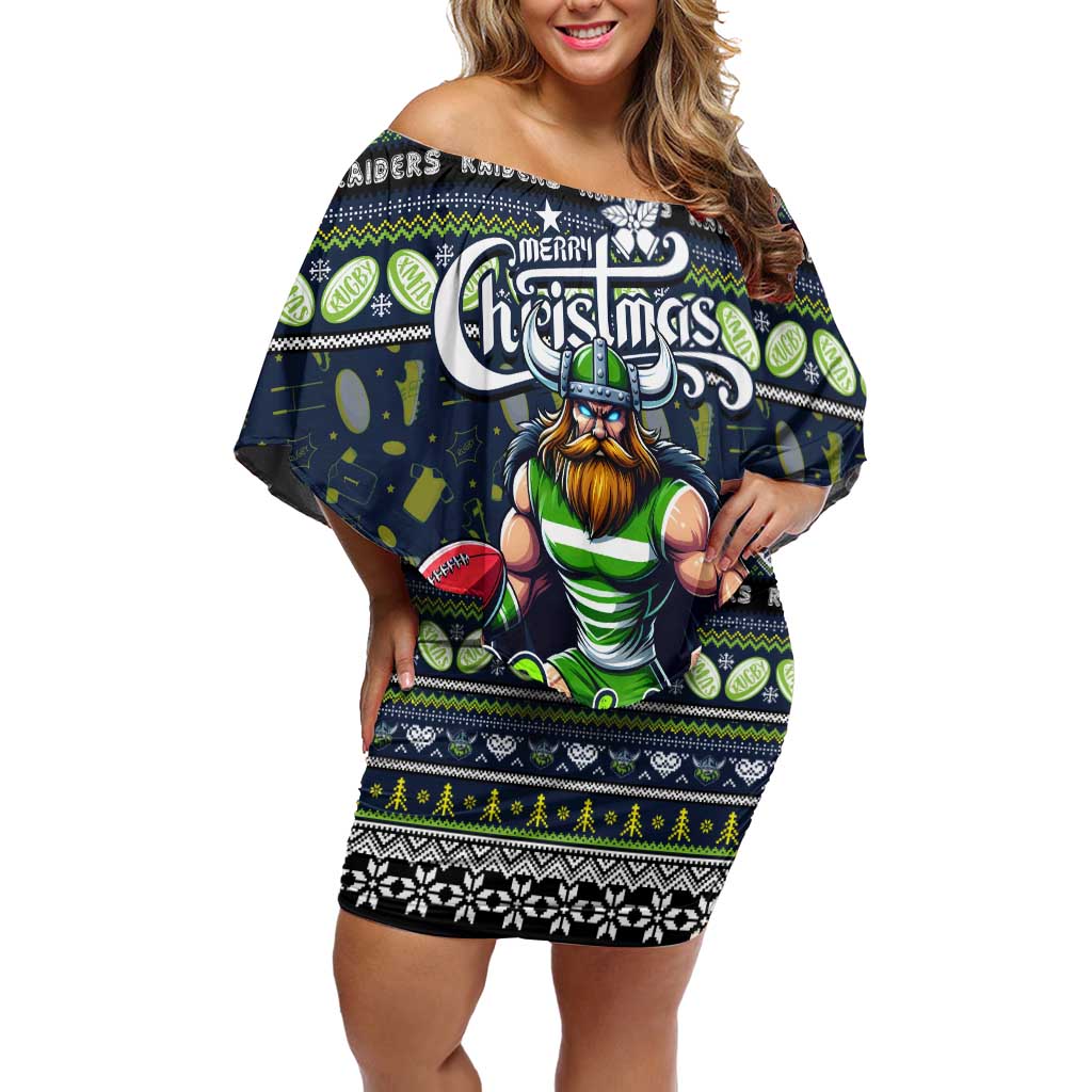 Personalized Raiders Rugby Xmas Family Matching Off Shoulder Short Dress and Hawaiian Shirt Australia NRL Mascot