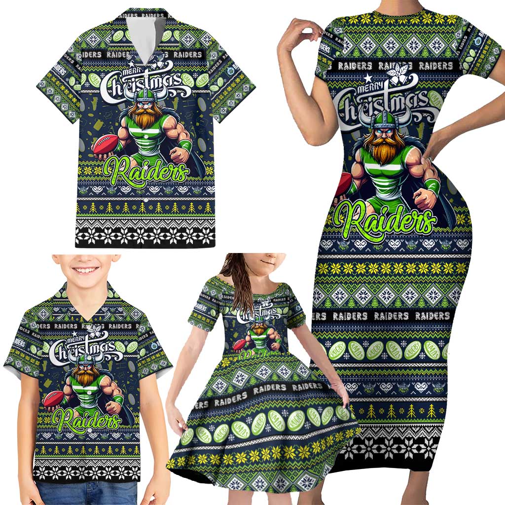 Personalized Raiders Rugby Xmas Family Matching Short Sleeve Bodycon Dress and Hawaiian Shirt Australia NRL Mascot
