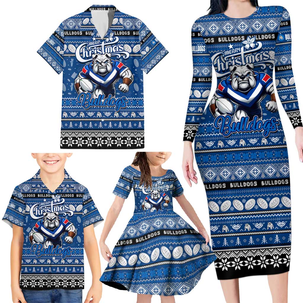 Personalized Bulldogs Rugby Xmas Family Matching Long Sleeve Bodycon Dress and Hawaiian Shirt Australia NRL Mascot