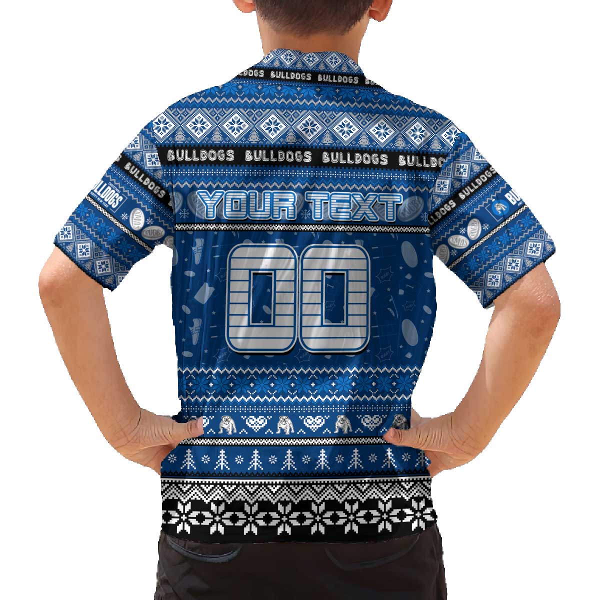 Personalized Bulldogs Rugby Xmas Family Matching Off The Shoulder Long Sleeve Dress and Hawaiian Shirt Australia NRL Mascot