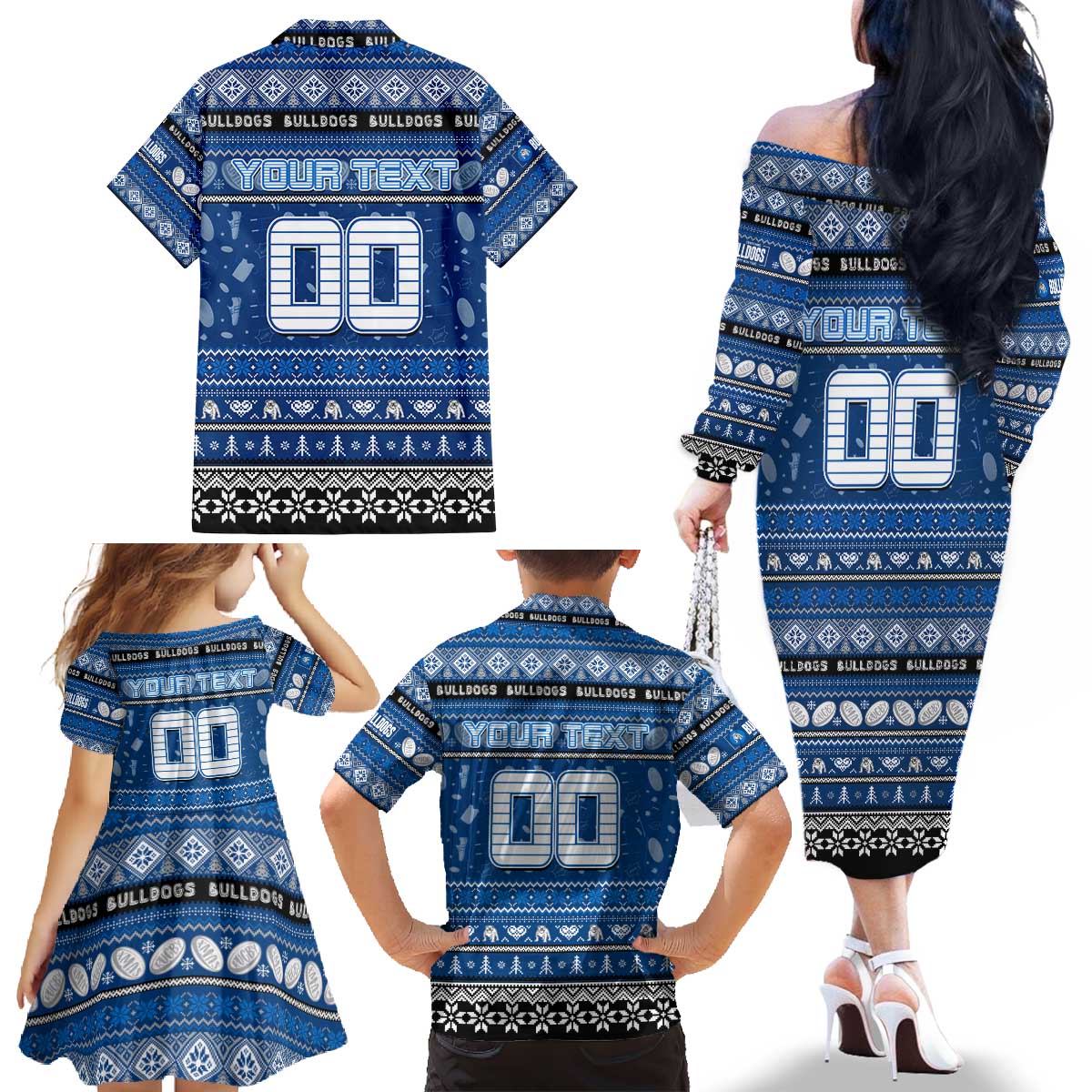 Personalized Bulldogs Rugby Xmas Family Matching Off The Shoulder Long Sleeve Dress and Hawaiian Shirt Australia NRL Mascot