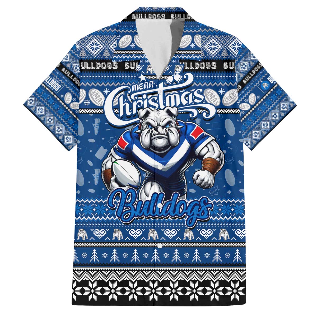 Personalized Bulldogs Rugby Xmas Family Matching Off The Shoulder Long Sleeve Dress and Hawaiian Shirt Australia NRL Mascot