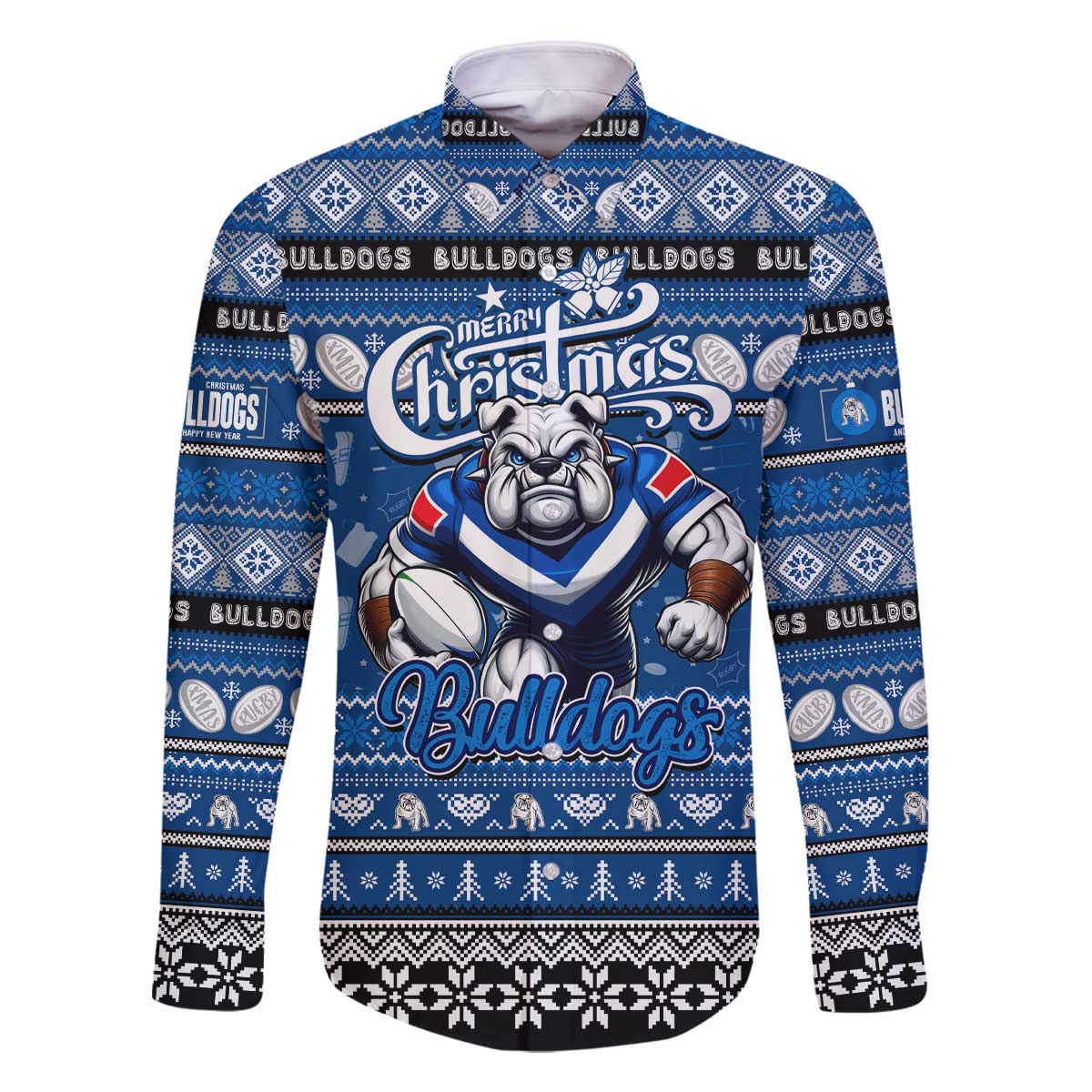 Personalized Bulldogs Rugby Xmas Family Matching Off The Shoulder Long Sleeve Dress and Hawaiian Shirt Australia NRL Mascot