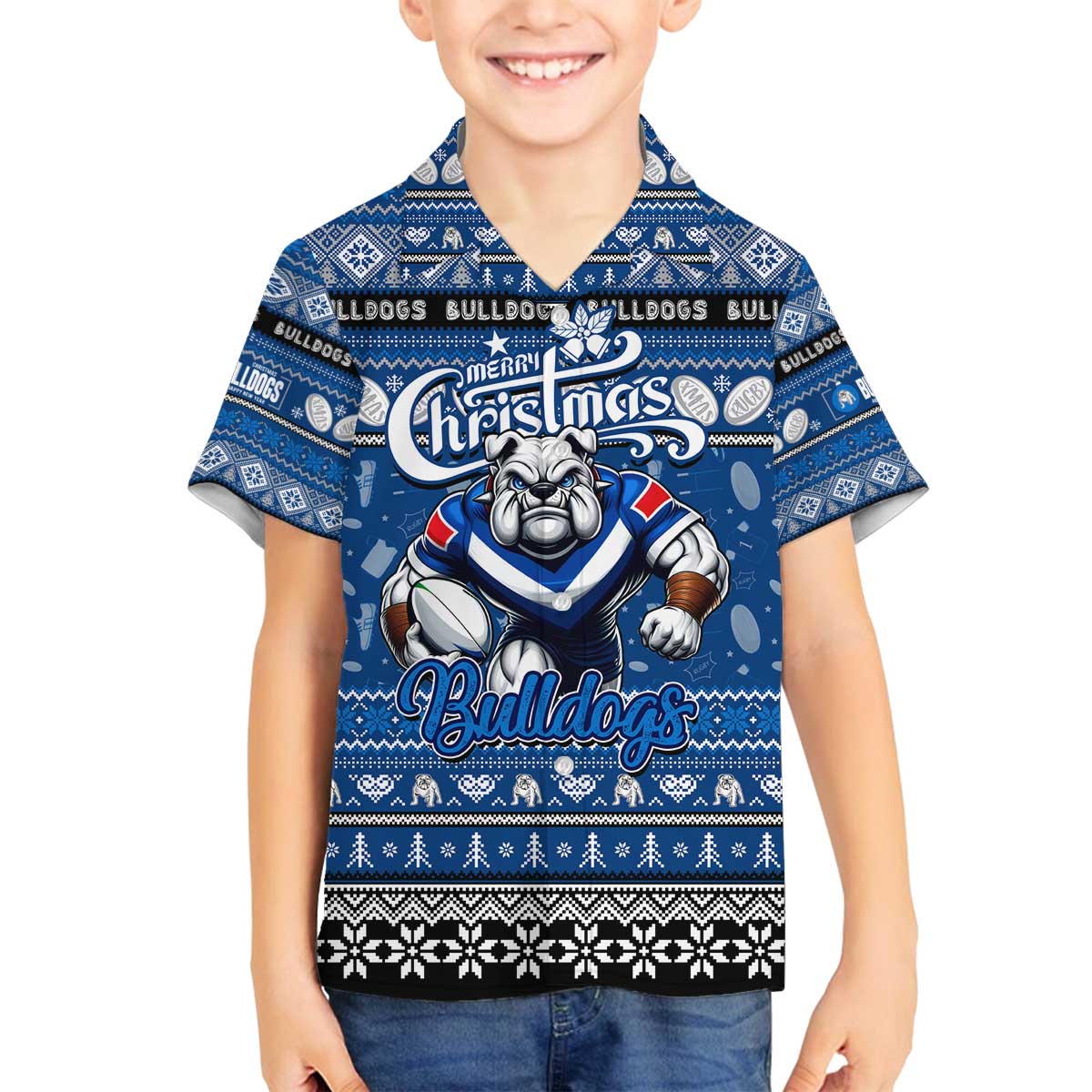 Personalized Bulldogs Rugby Xmas Family Matching Off The Shoulder Long Sleeve Dress and Hawaiian Shirt Australia NRL Mascot