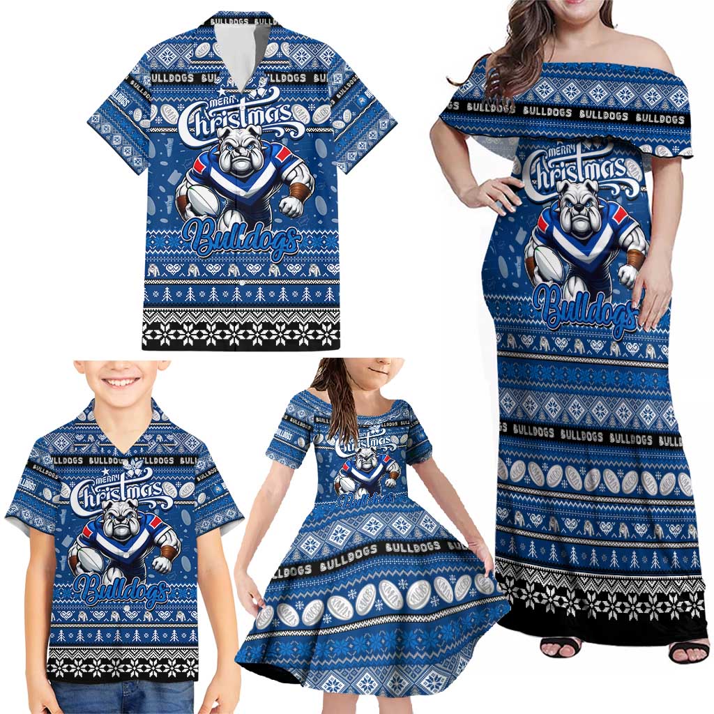 Personalized Bulldogs Rugby Xmas Family Matching Off Shoulder Maxi Dress and Hawaiian Shirt Australia NRL Mascot