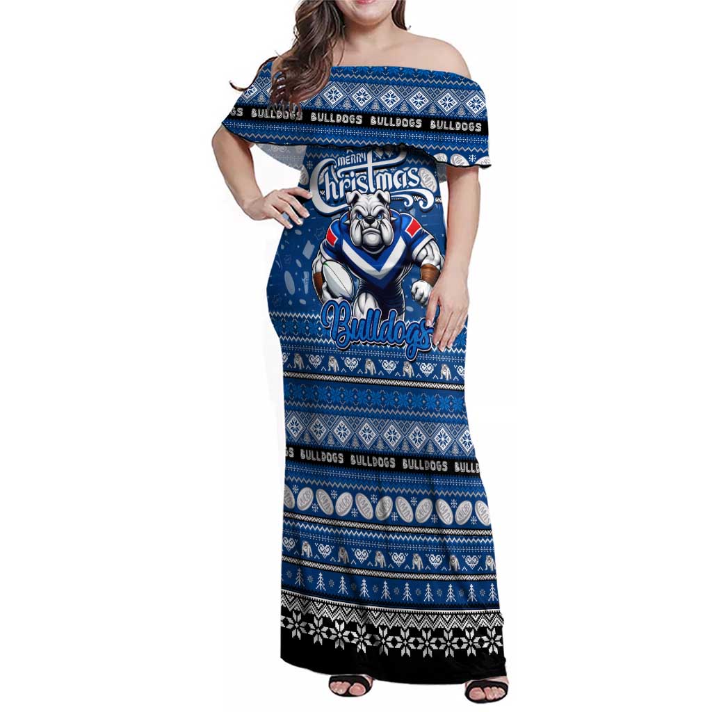 Personalized Bulldogs Rugby Xmas Family Matching Off Shoulder Maxi Dress and Hawaiian Shirt Australia NRL Mascot