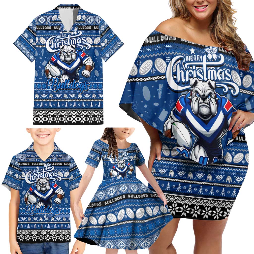 Personalized Bulldogs Rugby Xmas Family Matching Off Shoulder Short Dress and Hawaiian Shirt Australia NRL Mascot