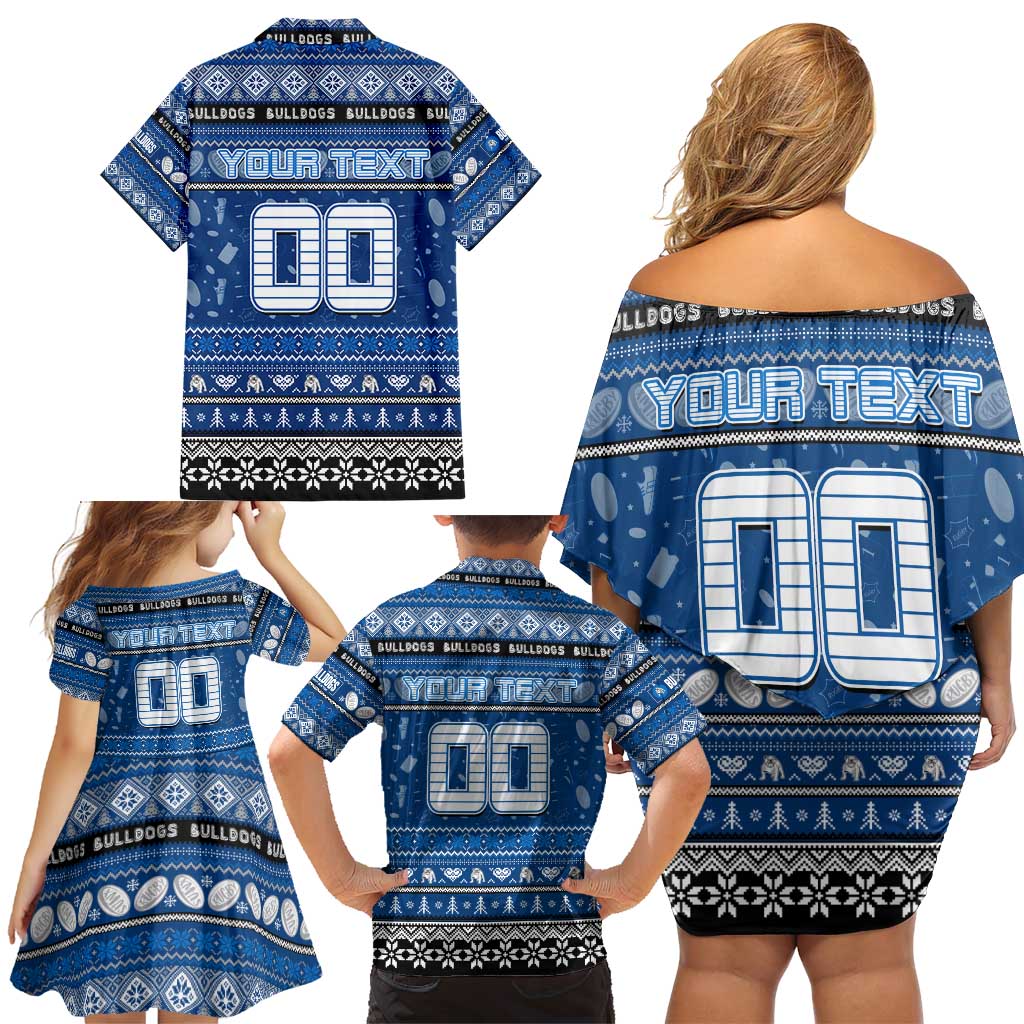 Personalized Bulldogs Rugby Xmas Family Matching Off Shoulder Short Dress and Hawaiian Shirt Australia NRL Mascot