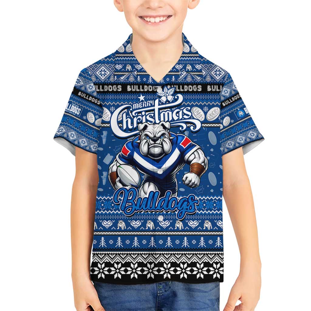 Personalized Bulldogs Rugby Xmas Family Matching Off Shoulder Short Dress and Hawaiian Shirt Australia NRL Mascot