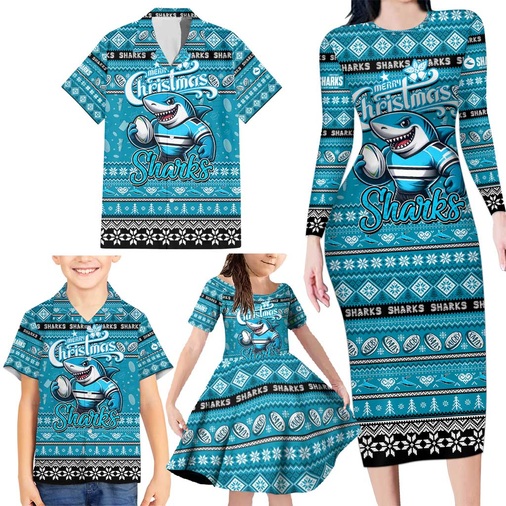 Personalized Sharks Rugby Xmas Family Matching Long Sleeve Bodycon Dress and Hawaiian Shirt Australia NRL Mascot