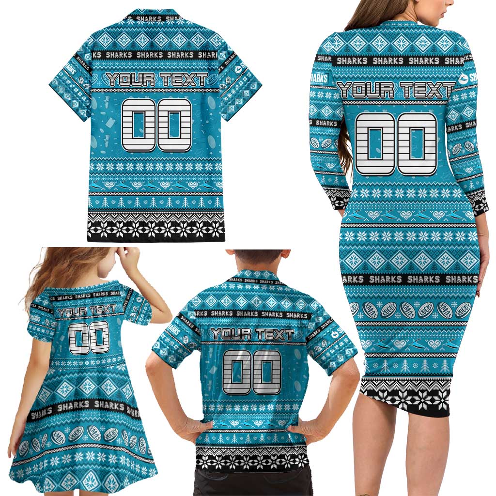 Personalized Sharks Rugby Xmas Family Matching Long Sleeve Bodycon Dress and Hawaiian Shirt Australia NRL Mascot