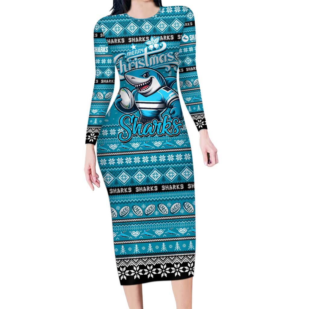 Personalized Sharks Rugby Xmas Family Matching Long Sleeve Bodycon Dress and Hawaiian Shirt Australia NRL Mascot
