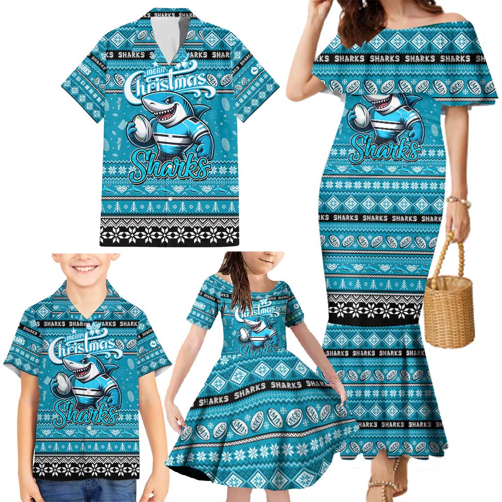 Personalized Sharks Rugby Xmas Family Matching Mermaid Dress and Hawaiian Shirt Australia NRL Mascot