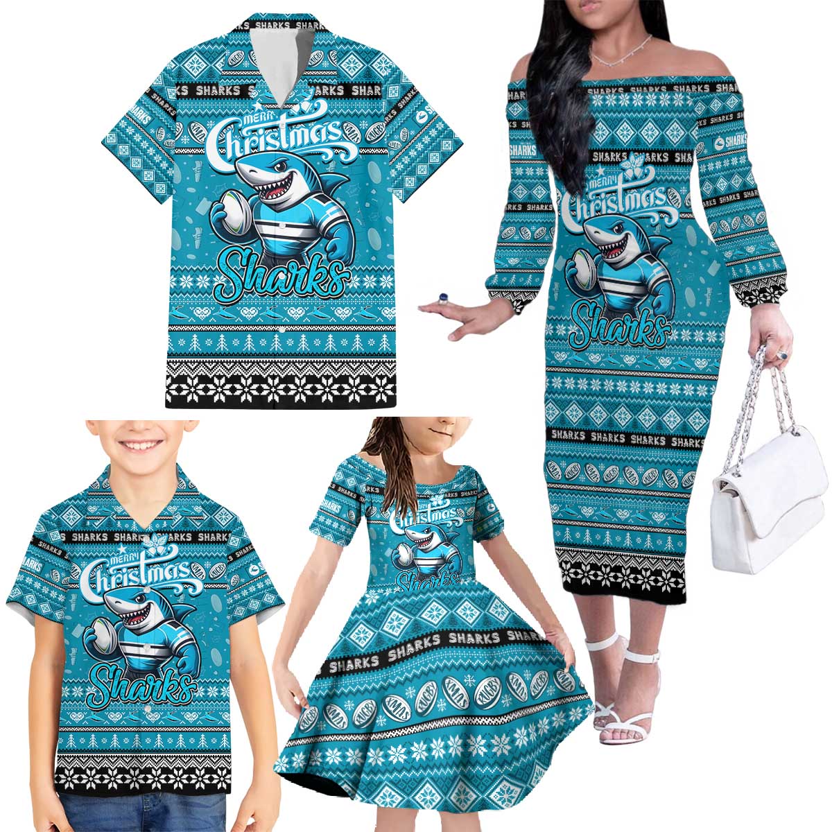 Personalized Sharks Rugby Xmas Family Matching Off The Shoulder Long Sleeve Dress and Hawaiian Shirt Australia NRL Mascot