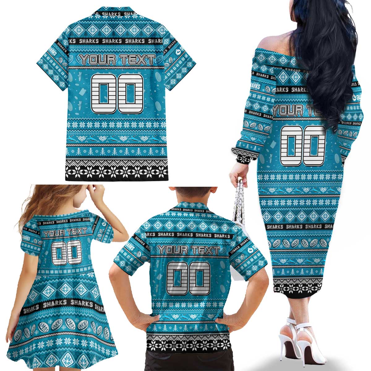 Personalized Sharks Rugby Xmas Family Matching Off The Shoulder Long Sleeve Dress and Hawaiian Shirt Australia NRL Mascot