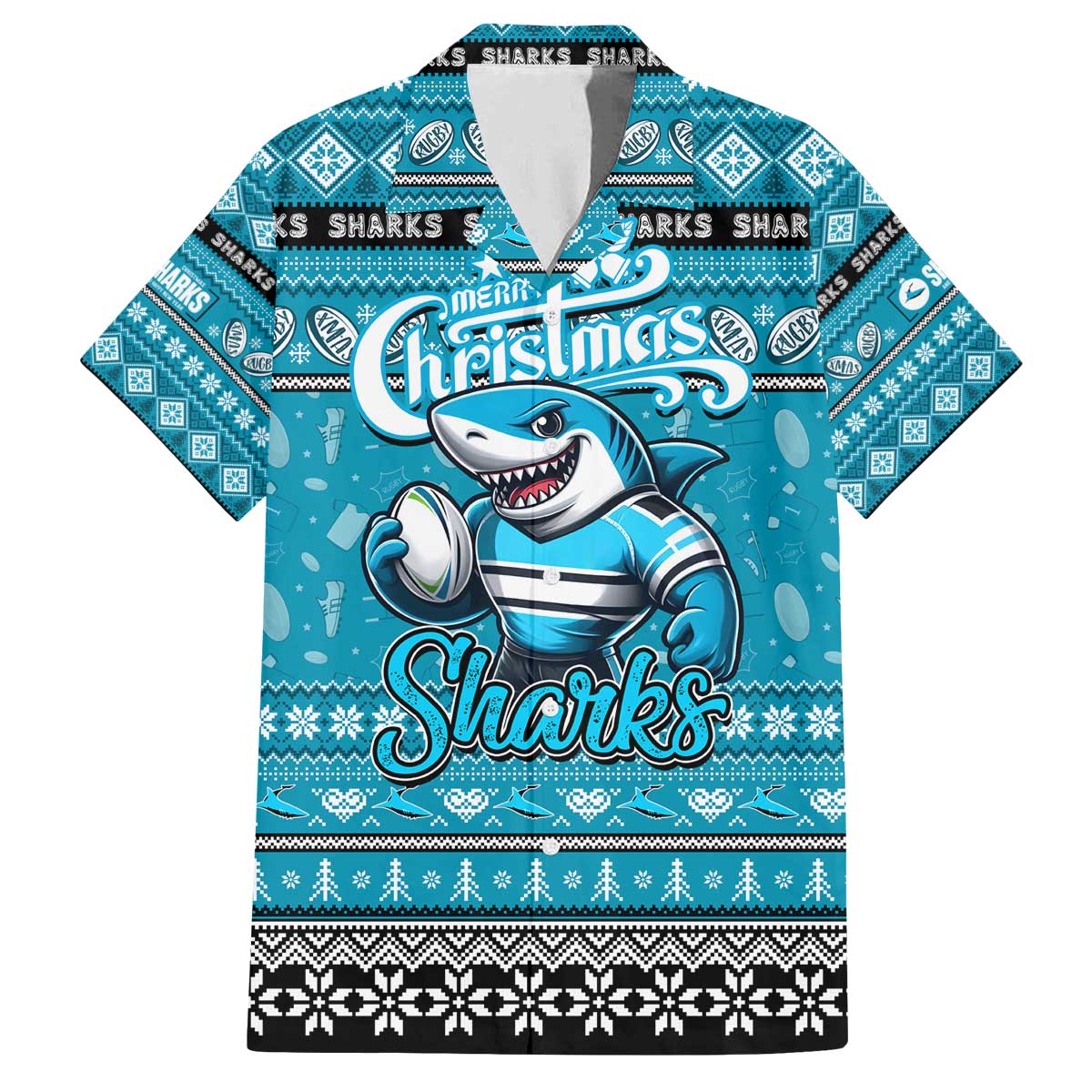 Personalized Sharks Rugby Xmas Family Matching Off The Shoulder Long Sleeve Dress and Hawaiian Shirt Australia NRL Mascot