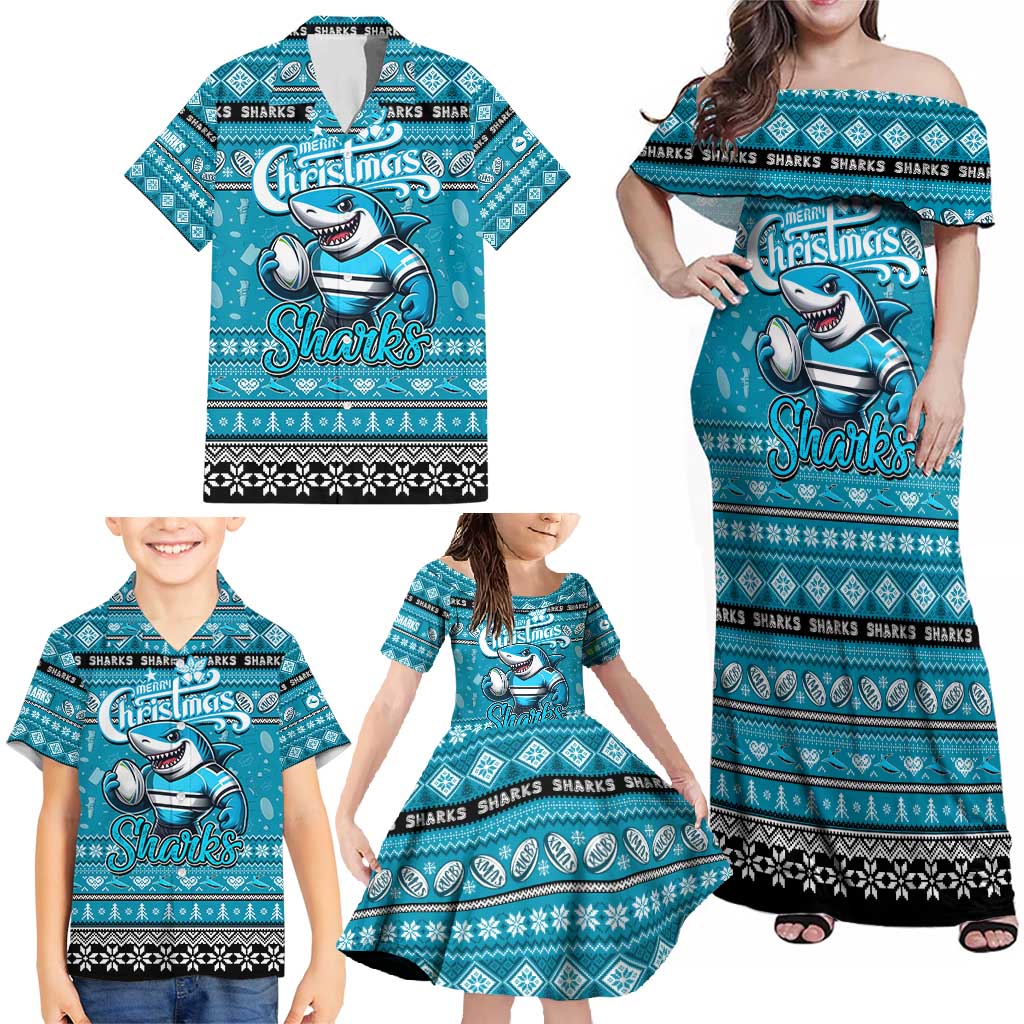 Personalized Sharks Rugby Xmas Family Matching Off Shoulder Maxi Dress and Hawaiian Shirt Australia NRL Mascot