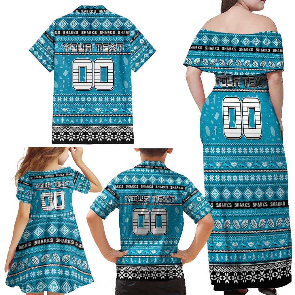 Personalized Sharks Rugby Xmas Family Matching Off Shoulder Maxi Dress and Hawaiian Shirt Australia NRL Mascot