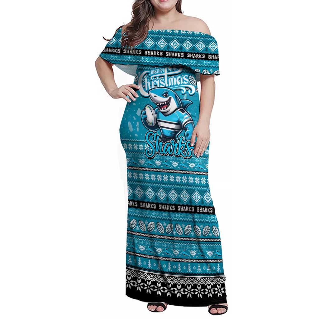 Personalized Sharks Rugby Xmas Family Matching Off Shoulder Maxi Dress and Hawaiian Shirt Australia NRL Mascot