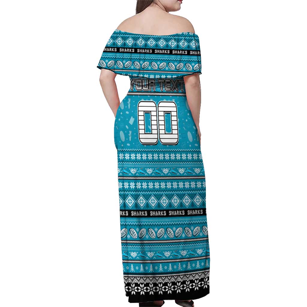 Personalized Sharks Rugby Xmas Family Matching Off Shoulder Maxi Dress and Hawaiian Shirt Australia NRL Mascot