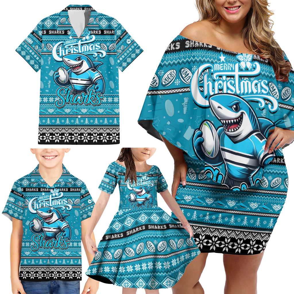 Personalized Sharks Rugby Xmas Family Matching Off Shoulder Short Dress and Hawaiian Shirt Australia NRL Mascot