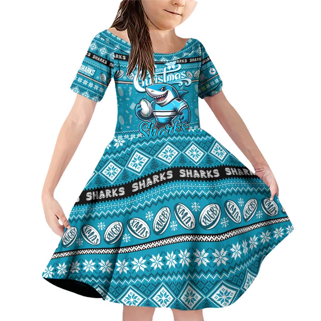 Personalized Sharks Rugby Xmas Family Matching Off Shoulder Short Dress and Hawaiian Shirt Australia NRL Mascot