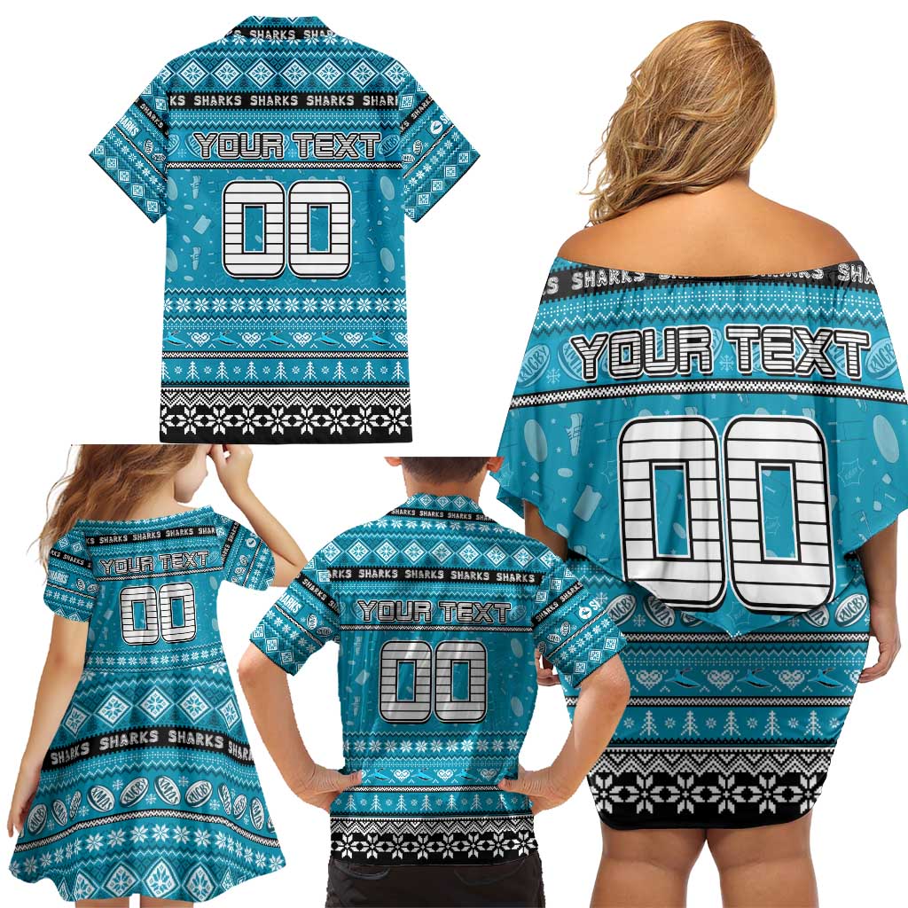 Personalized Sharks Rugby Xmas Family Matching Off Shoulder Short Dress and Hawaiian Shirt Australia NRL Mascot