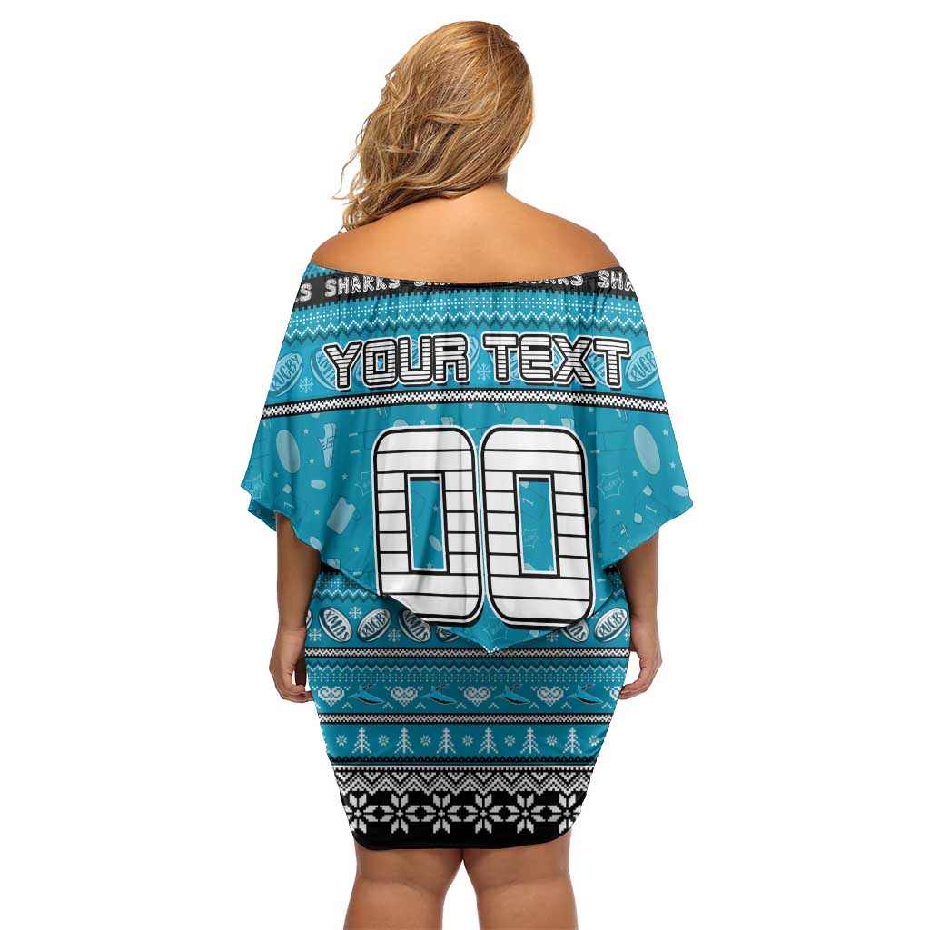Personalized Sharks Rugby Xmas Family Matching Off Shoulder Short Dress and Hawaiian Shirt Australia NRL Mascot