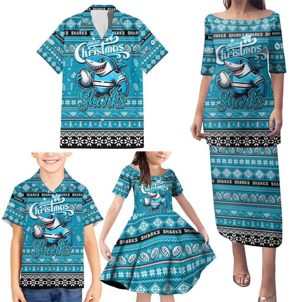 Personalized Sharks Rugby Xmas Family Matching Puletasi and Hawaiian Shirt Australia NRL Mascot