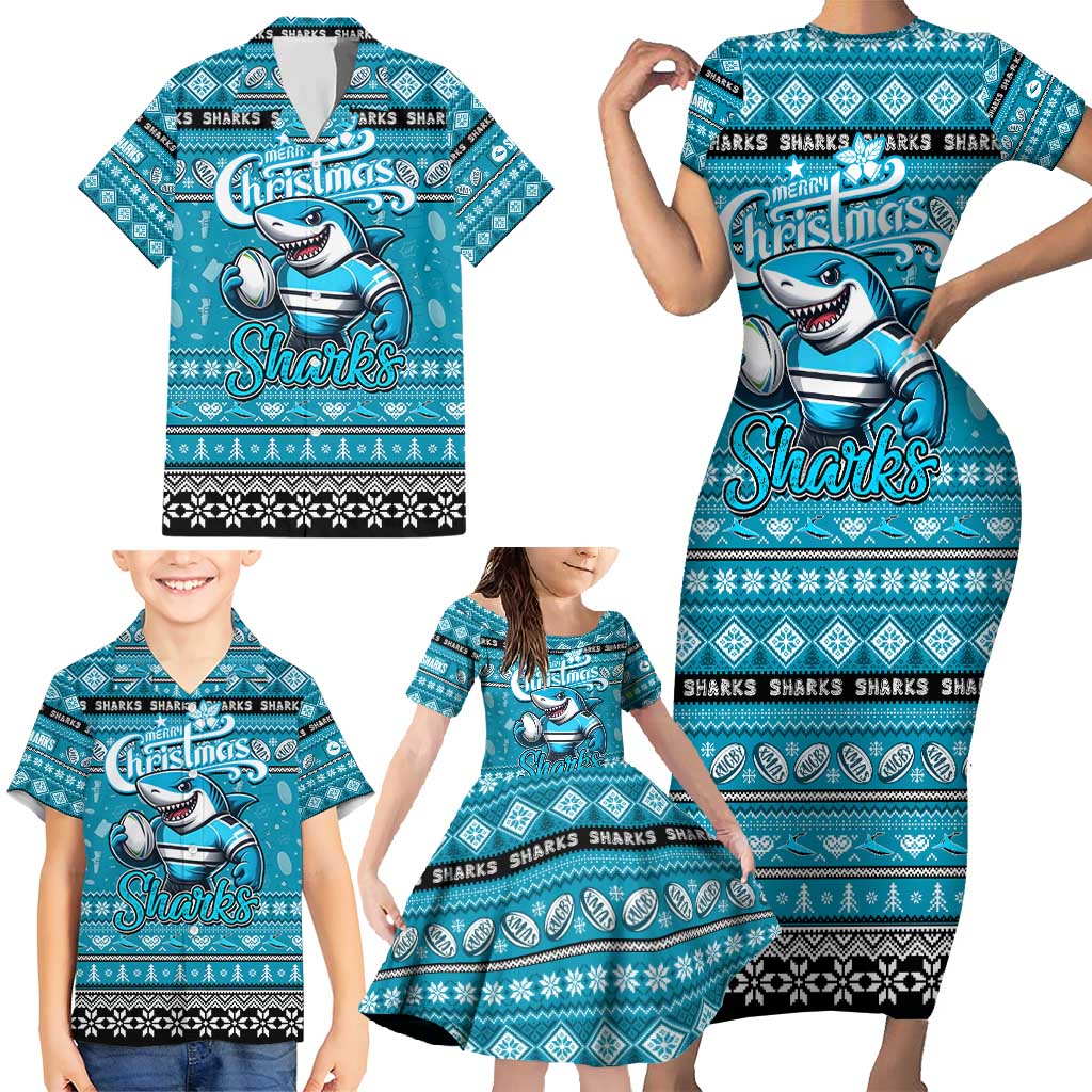 Personalized Sharks Rugby Xmas Family Matching Short Sleeve Bodycon Dress and Hawaiian Shirt Australia NRL Mascot