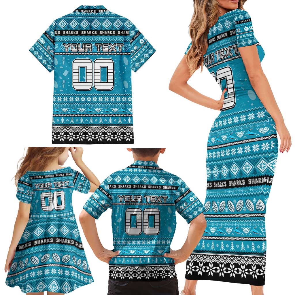 Personalized Sharks Rugby Xmas Family Matching Short Sleeve Bodycon Dress and Hawaiian Shirt Australia NRL Mascot