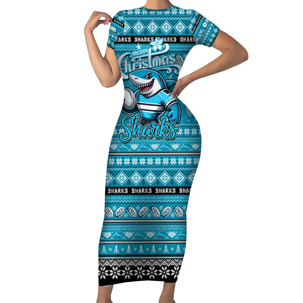 Personalized Sharks Rugby Xmas Family Matching Short Sleeve Bodycon Dress and Hawaiian Shirt Australia NRL Mascot