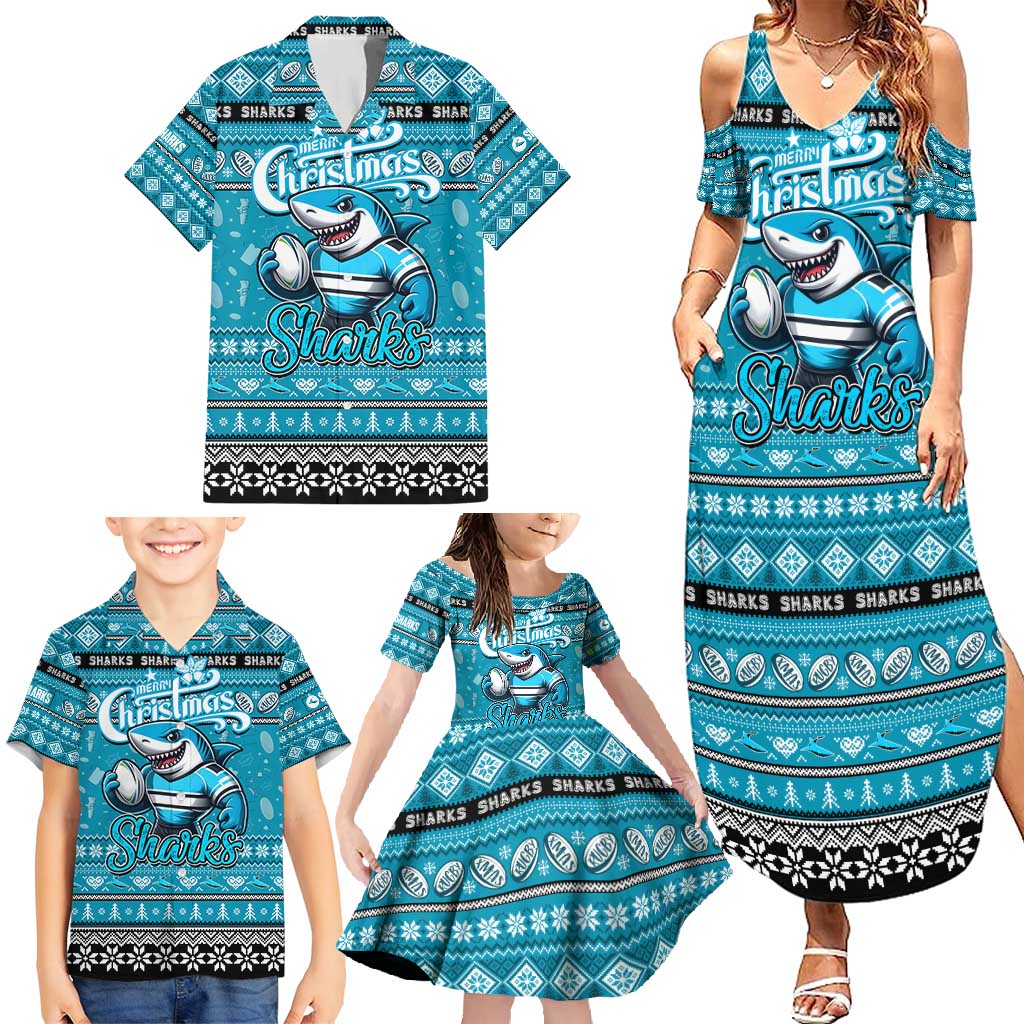 Personalized Sharks Rugby Xmas Family Matching Summer Maxi Dress and Hawaiian Shirt Australia NRL Mascot