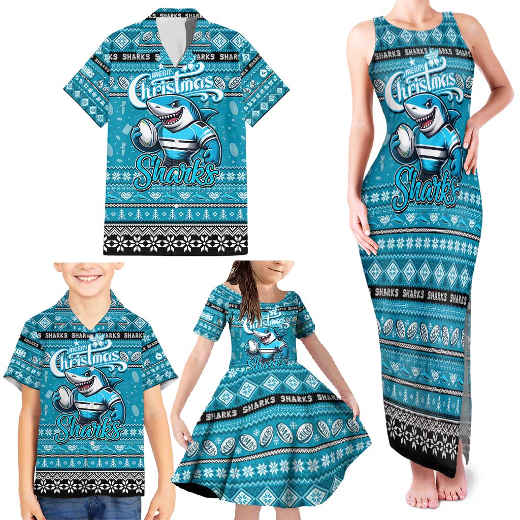 Personalized Sharks Rugby Xmas Family Matching Tank Maxi Dress and Hawaiian Shirt Australia NRL Mascot