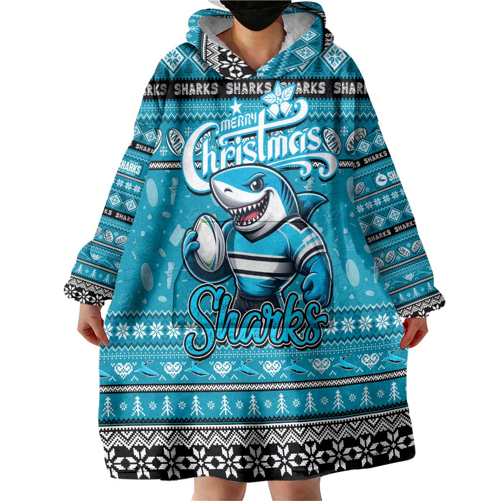 Personalized Sharks Rugby Xmas Wearable Blanket Hoodie Australia NRL Mascot - Vibe Hoodie Shop