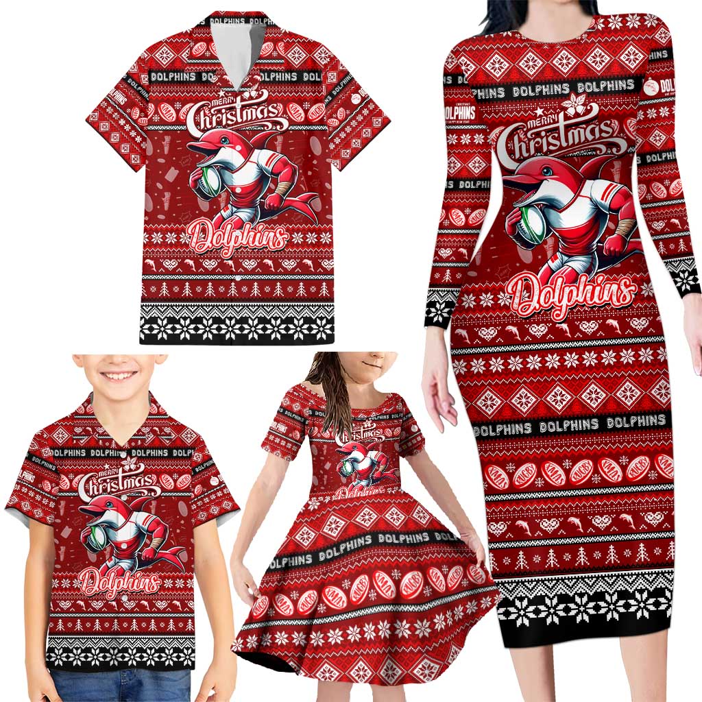 Personalized Dolphins Rugby Xmas Family Matching Long Sleeve Bodycon Dress and Hawaiian Shirt Australia NRL Mascot
