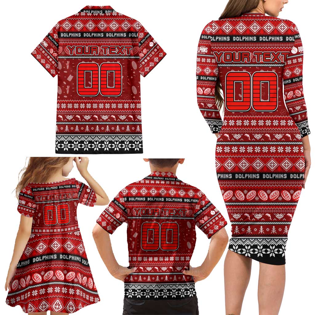 Personalized Dolphins Rugby Xmas Family Matching Long Sleeve Bodycon Dress and Hawaiian Shirt Australia NRL Mascot
