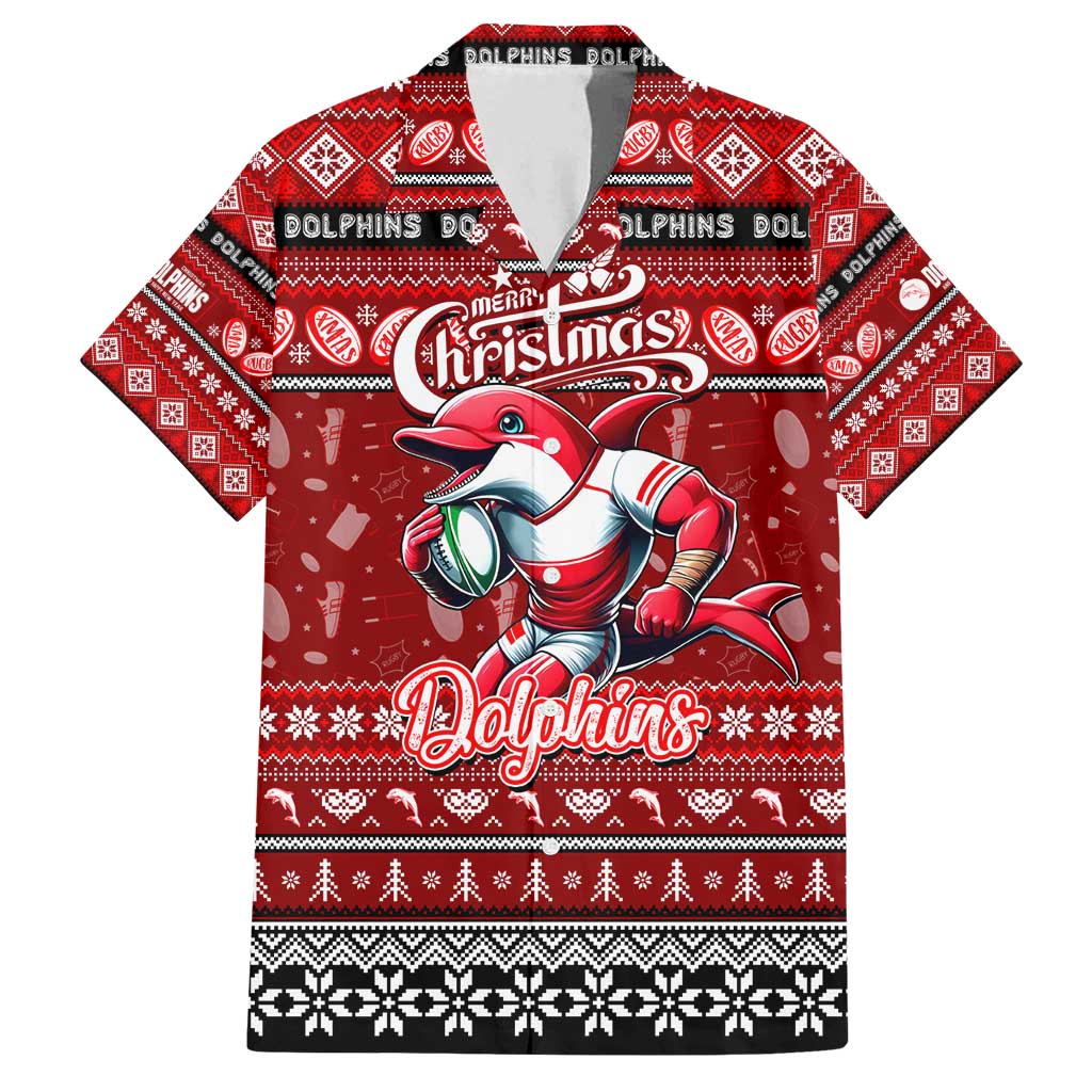 Personalized Dolphins Rugby Xmas Family Matching Long Sleeve Bodycon Dress and Hawaiian Shirt Australia NRL Mascot