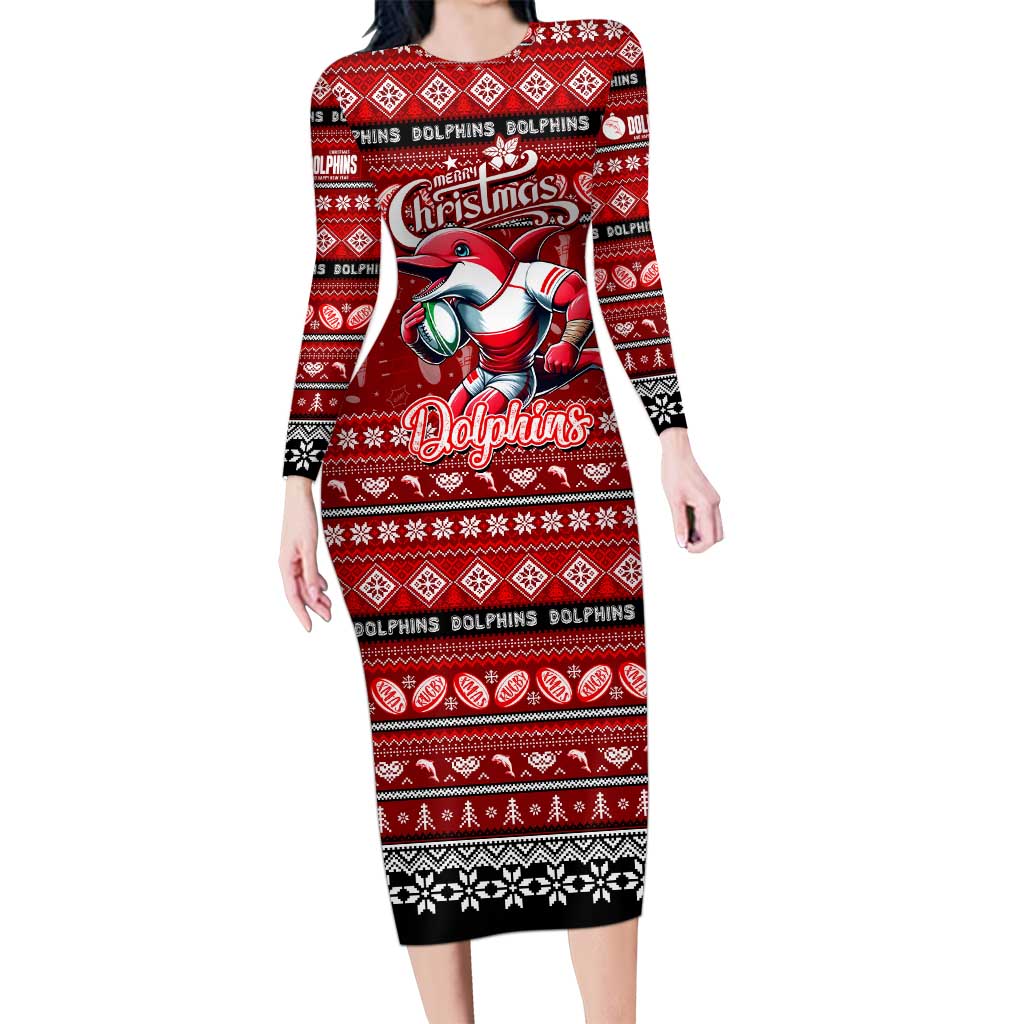 Personalized Dolphins Rugby Xmas Family Matching Long Sleeve Bodycon Dress and Hawaiian Shirt Australia NRL Mascot