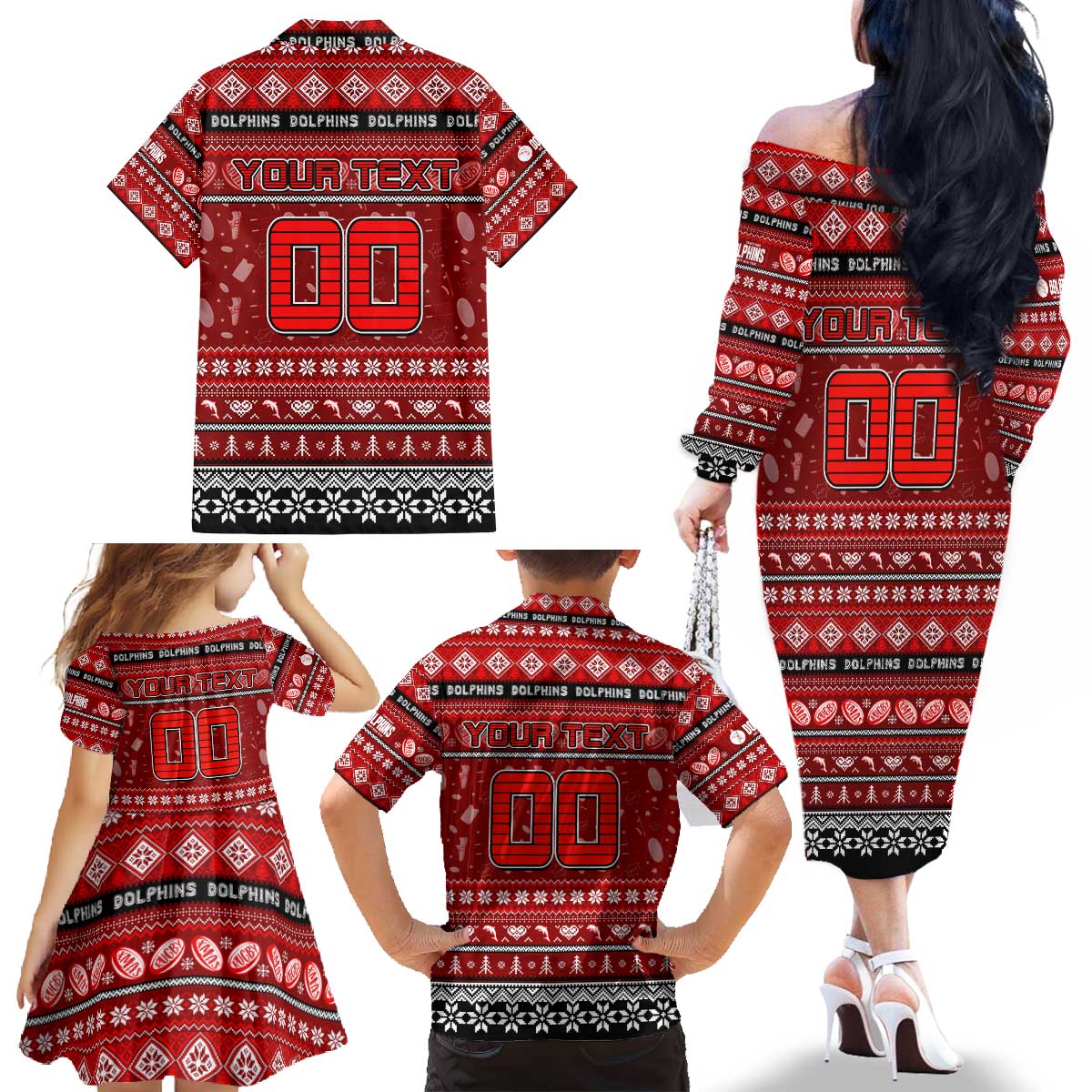 Personalized Dolphins Rugby Xmas Family Matching Off The Shoulder Long Sleeve Dress and Hawaiian Shirt Australia NRL Mascot
