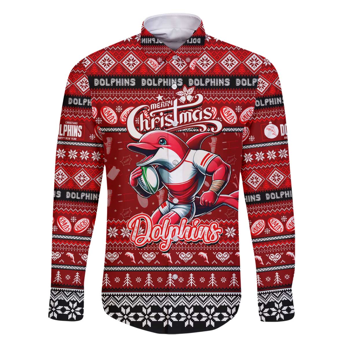 Personalized Dolphins Rugby Xmas Family Matching Off The Shoulder Long Sleeve Dress and Hawaiian Shirt Australia NRL Mascot