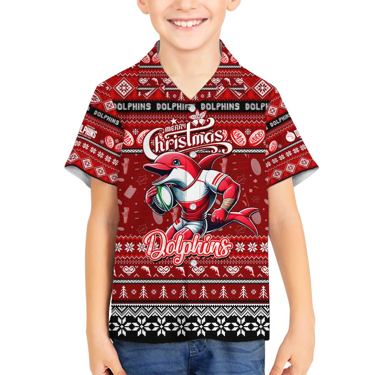 Personalized Dolphins Rugby Xmas Family Matching Off The Shoulder Long Sleeve Dress and Hawaiian Shirt Australia NRL Mascot