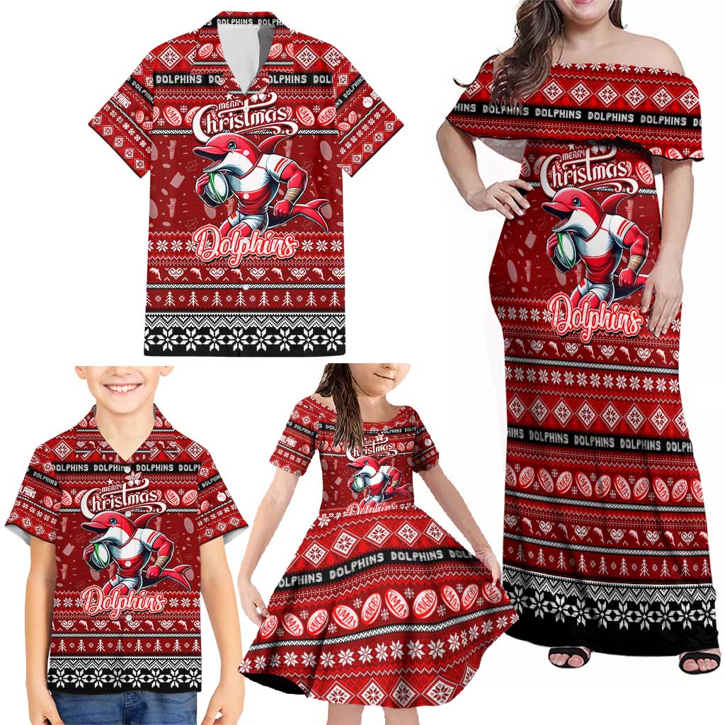 Personalized Dolphins Rugby Xmas Family Matching Off Shoulder Maxi Dress and Hawaiian Shirt Australia NRL Mascot